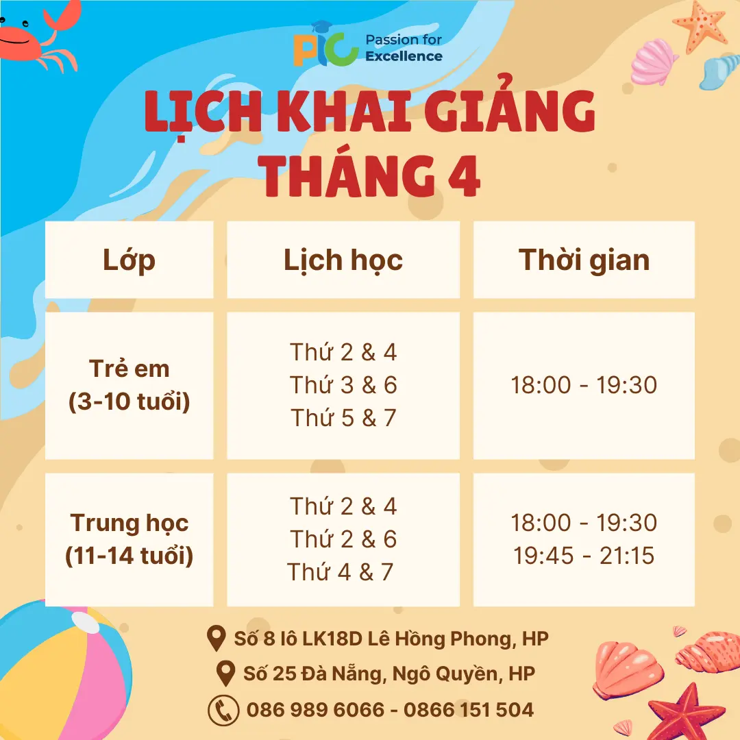 LỊCH KHAI GIẢNG THÁNG 4