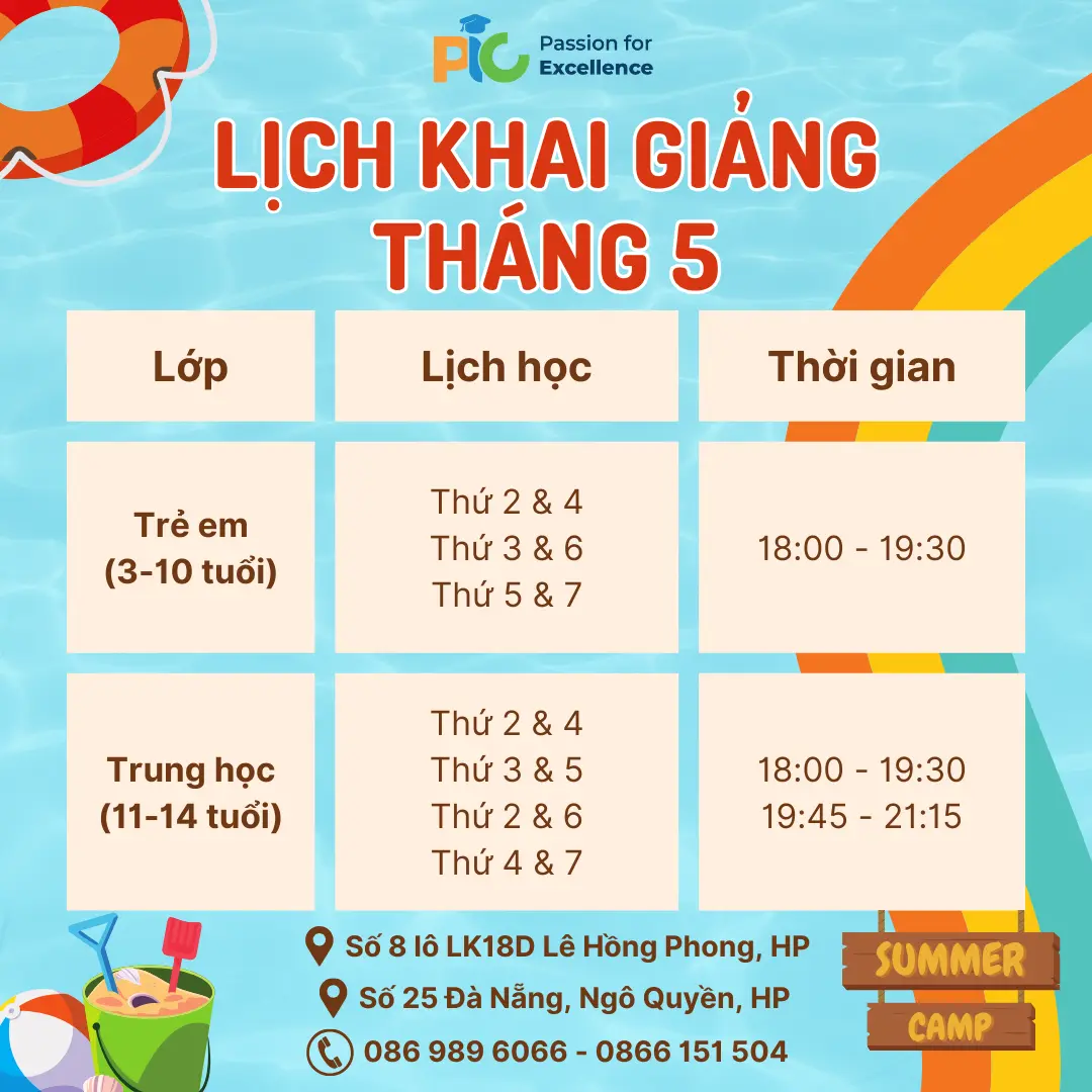 LỊCH KHAI GIẢNG THÁNG 5