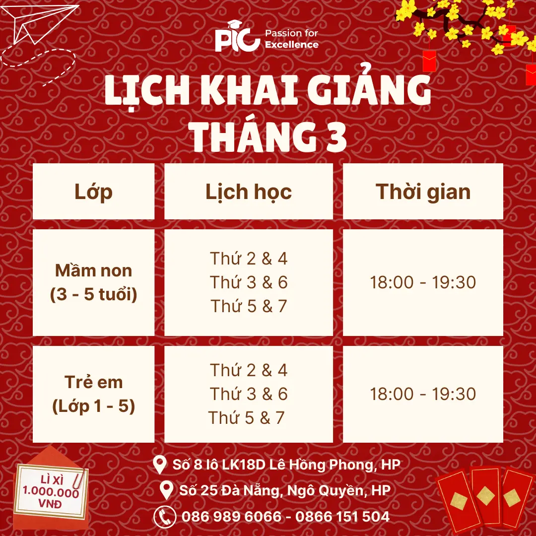 LỊCH KHAI GIẢNG THÁNG 3