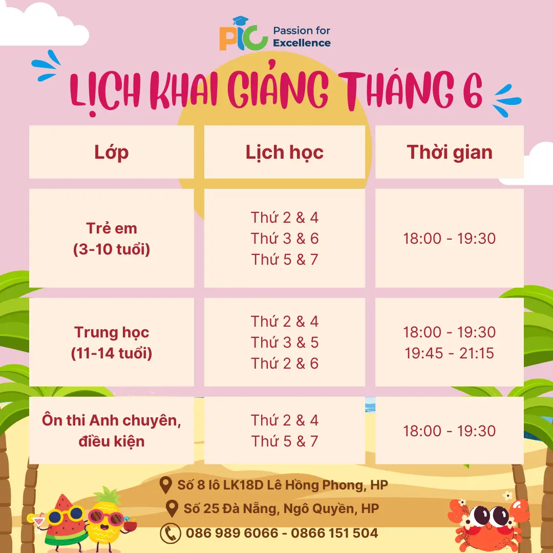 LỊCH KHAI GIẢNG THÁNG 6