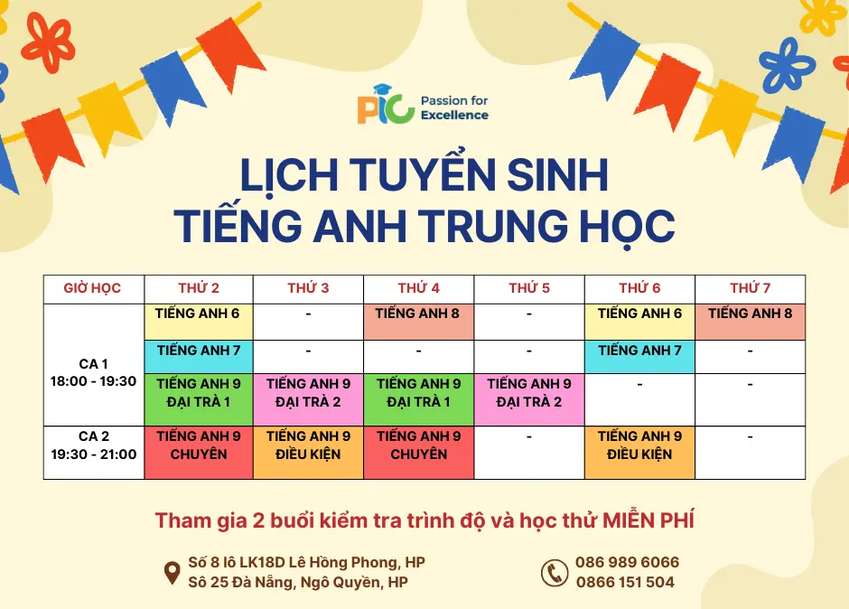 LỊCH TUYỂN SINH TIẾNG ANH TRUNG HỌC